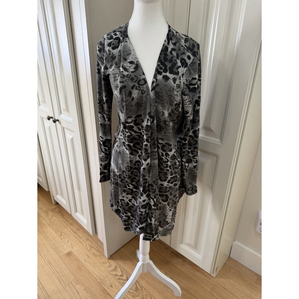 Simply Irresistible Leopard Print Open Front Cardigan Duster L Gray Black